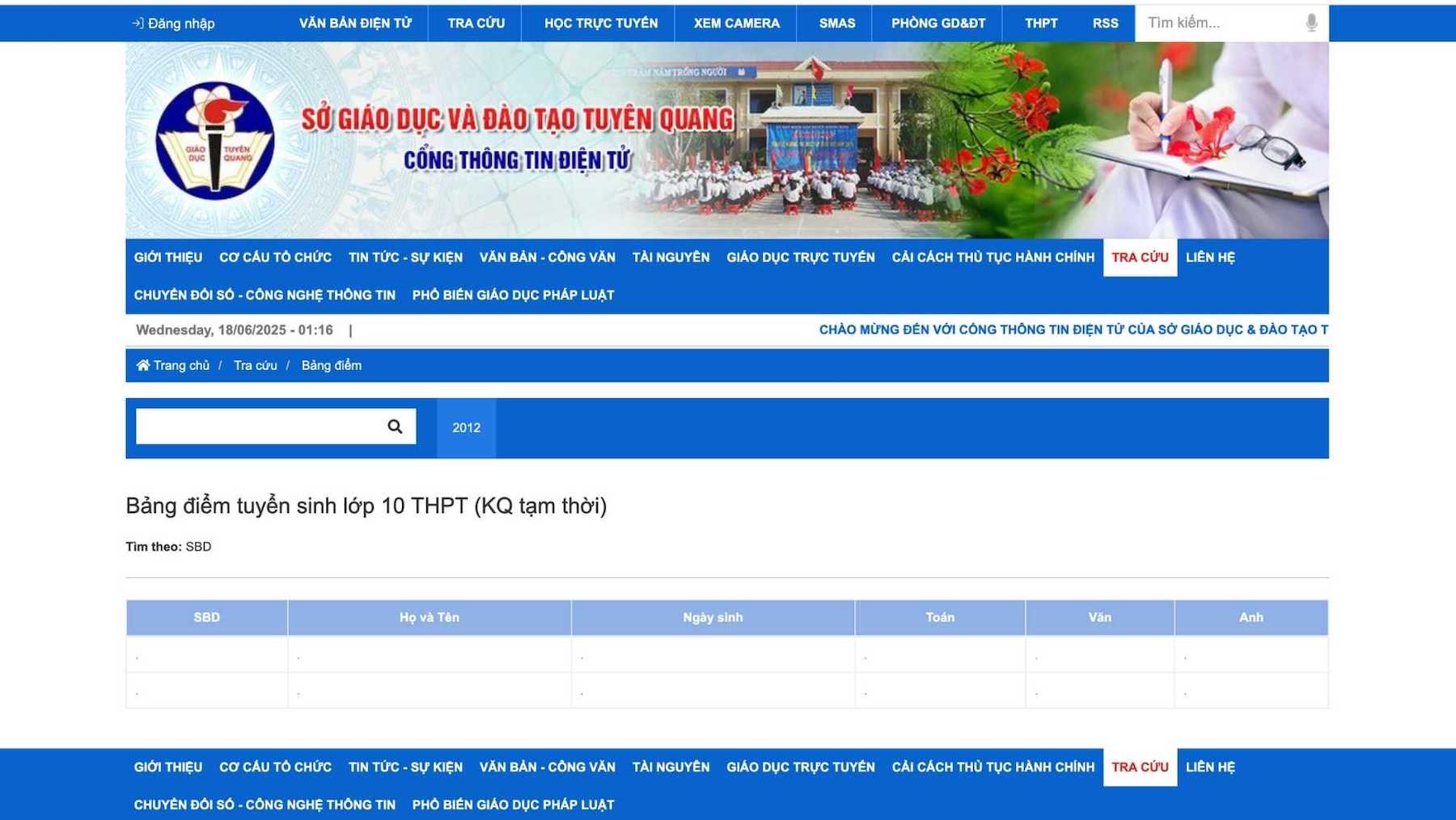 Giao dien website tra cuu diem thi vao lop 10 nam hoc 2025 - 2026 tai Tuyen Quang. 