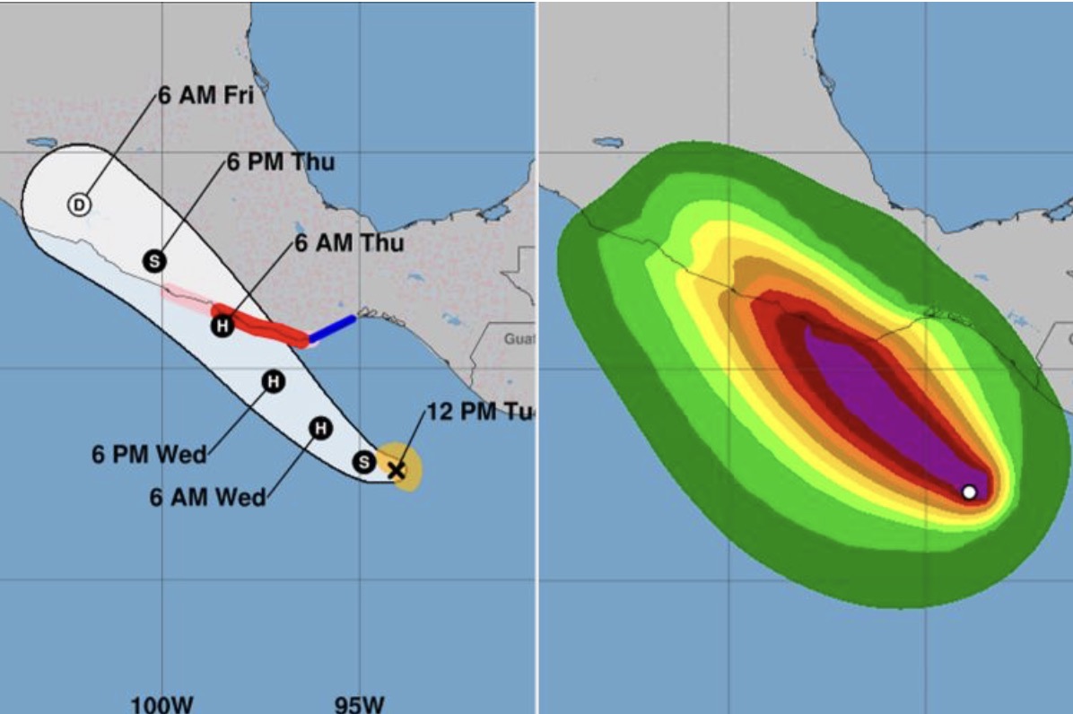 Erick podria convertirse en una tormenta de la escuela secundaria al aterrizar Mexico, una advertencia de deslizamiento de tierra y una inundacion repentina. Foto: NOAA
