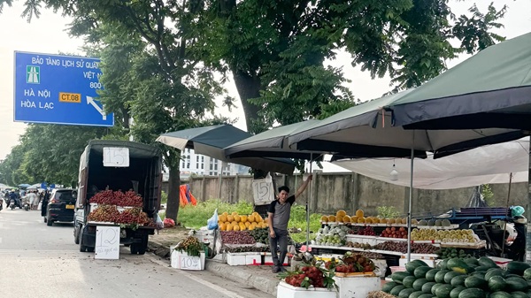 Hàng loạt xe bán hàng rong lấn chiếm long đường, vỉa hè dọc đầu đại lộ Thăng Long. Ảnh: Tuấn Trình