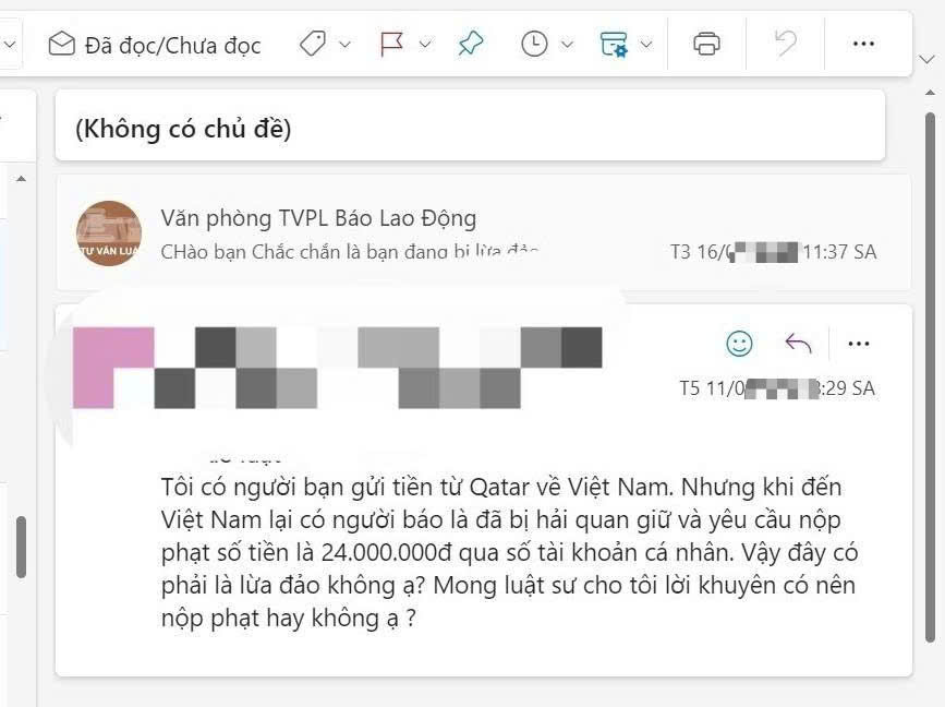 Mot email ban doc gui nho Bao Lao Dong tu van qua do giup ban doc tranh bi lua dao. Anh: DUC LONG