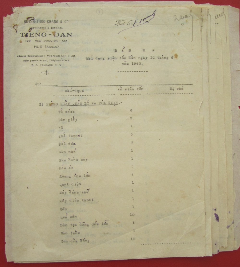 Bien ban kiem ke tai san vat tu, tai lieu cua nha in bao Tieng Dan thuoc cong ty Huynh Thuc Khang do hoi dong kiem ke tai san cua cong ty kiem ke ngay 30.6.1946. Anh: Bao tang Da Nang