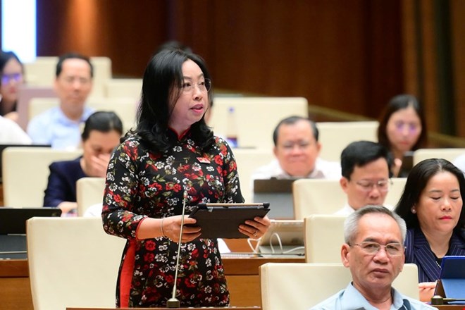 Dai bieu Thai Thu Xuong - Pho Chu tich Thuong truc Tong Lien doan Lao dong Viet Nam (Doan Hau Giang) thao luan ve ke hoach phat trien kinh te - xa hoi tai Quoc hoi. Anh: Pham Dong.