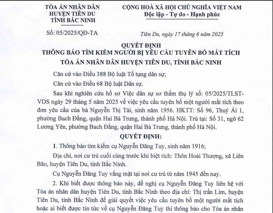 La decision de busqueda del Tribunal Popular del Distrito de Tien du (BAC Ninh). Foto: Van Truong