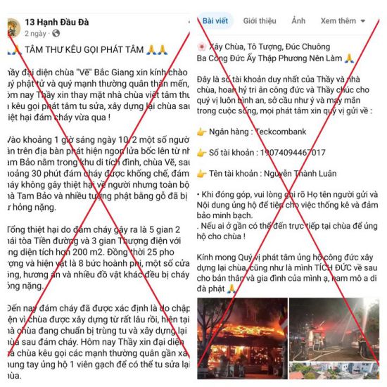 The Facebook page named 13 Hanh Dau Da posted information calling for funds to renovate the pagoda to appropriate peoples property. Photo: Bac Giang Provincial Police