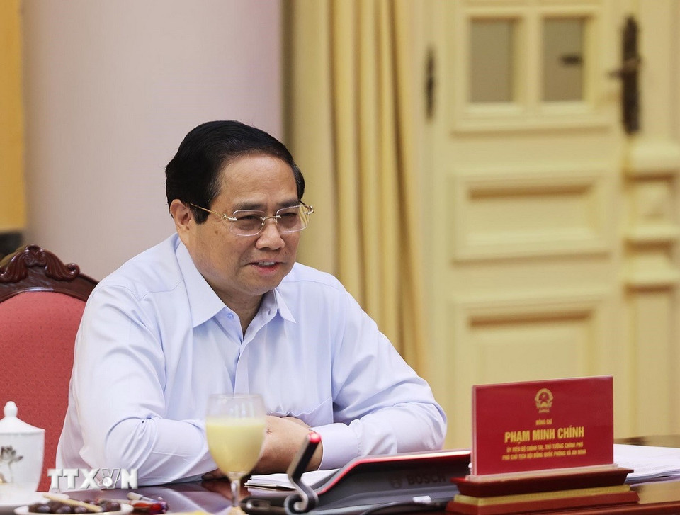 Uy vien Bo Chinh tri, Thu tuong Chinh phu Pham Minh Chinh phat bieu tai phien hop. Anh: TTXVN