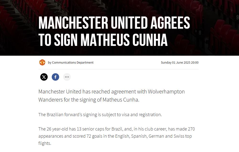 Thong bao ve viec chieu mo Matheus Cunha. Anh: Trang chu Manchester United