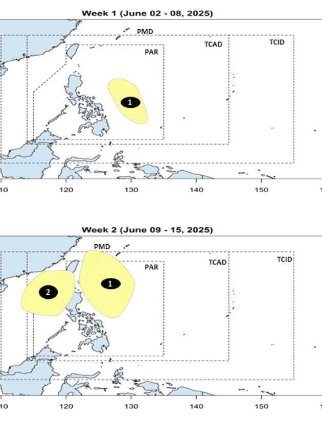 Du bao vi tri cua 2 ap thap quanh Bien Dong trong nua dau thang 6 trong ban tin du bao bao, ap thap moi nhat cua PAGASA. Anh: PAGASA