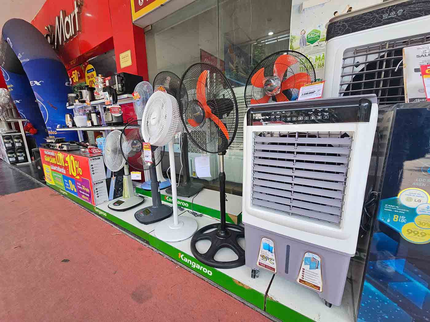 Nhieu mat hang quat, quat dieu hoa duoc bay ban tai sieu thi MediaMart Cau Giay. Anh: Song Huu 
