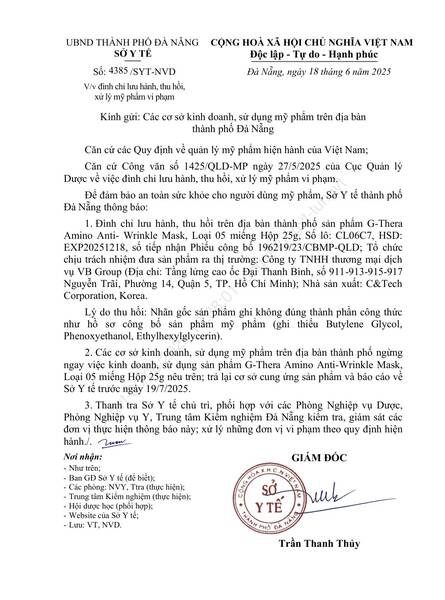 So Y te Da Nang vua co Quyet dinh so 4385/SYT-NVD ve viec dinh chi luu hanh, thu hoi, xu ly my pham vi pham nha ca si Doan Di Bang. Anh: So Y te Da Nang