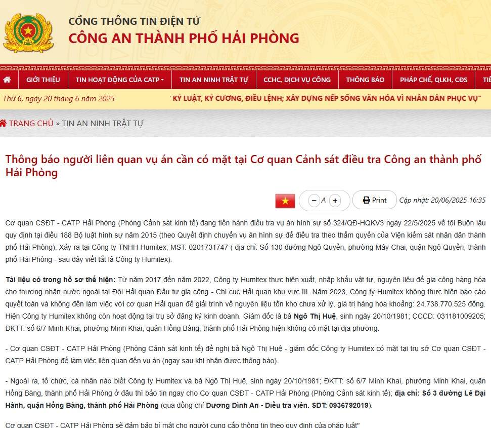 Thông báo của Công an TP Hải Phòng. Ảnh: Công an Hải Phòng