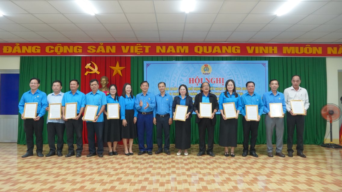 Lanh dao LDLD tinh Hau Giang trao Quyet dinh cho cac don vi. Anh: Quang Hung