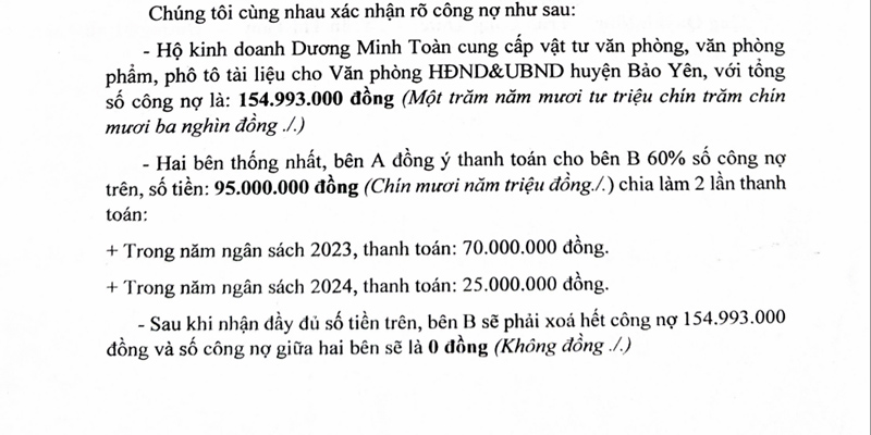 Biên bản làm việc của hộ bà Trần Thị Tám với UBND huyện Bảo Yên, tỉnh Lào Cai. Ảnh: Đinh Đại