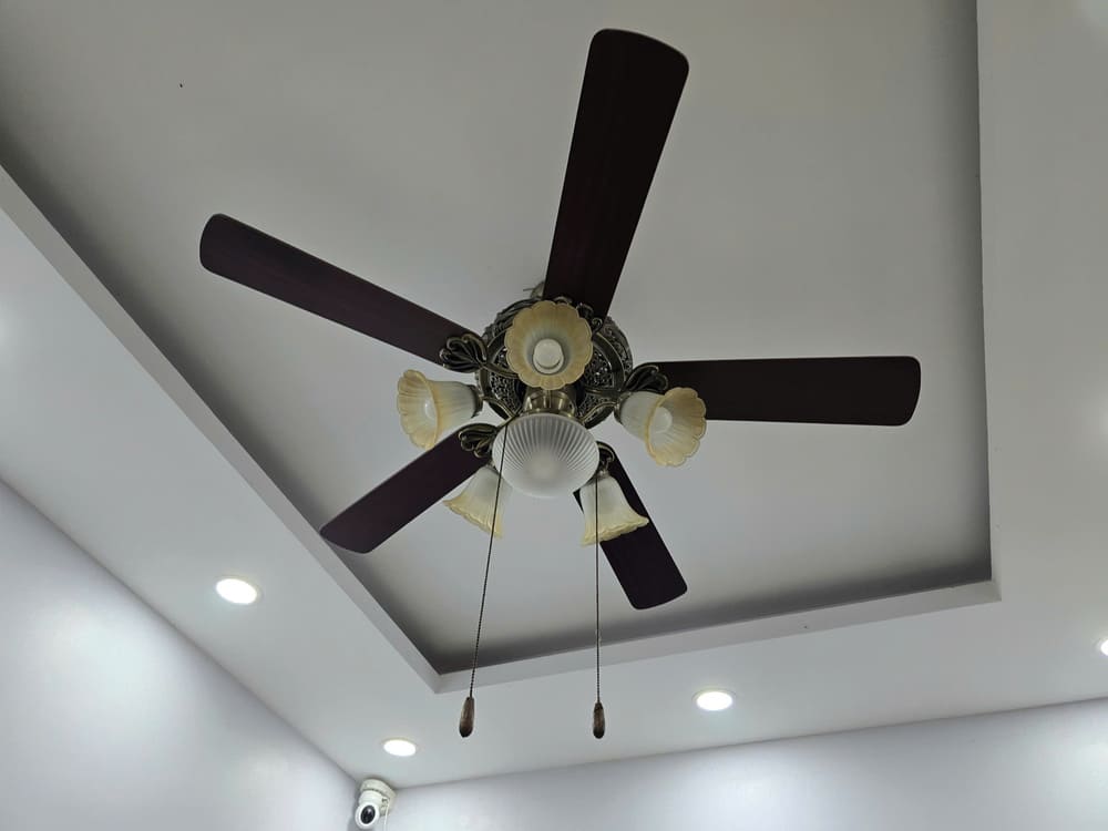 Many optimal benefits of using a 5-spoke ceiling fan for the living room space. Photo: Tuan Dat