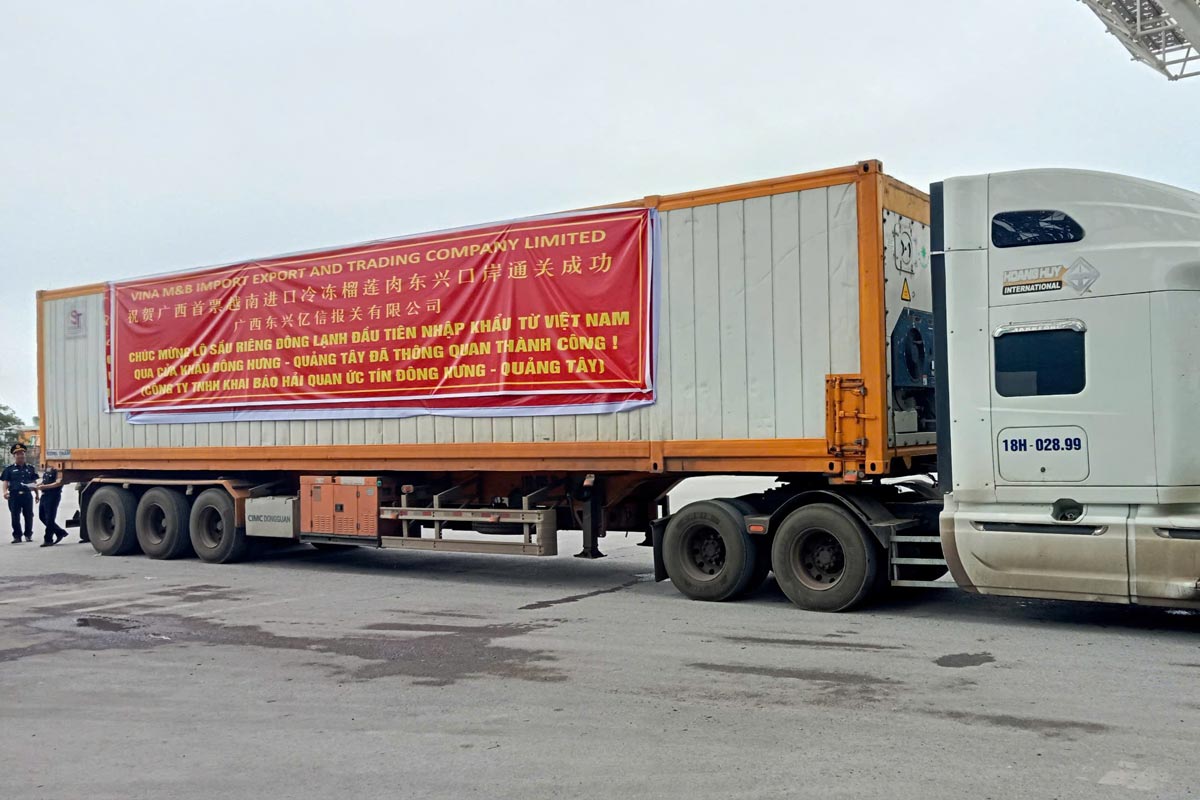 The first batch of frozen durian of Vina M & B Export and Trading Company Limited successfully exported to the Chinese market through Bac Luan II border gate. Photo: Doan Hung