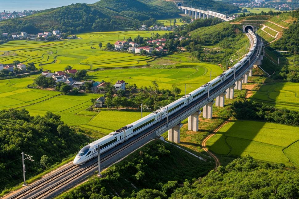 Graficos del proyecto ferroviario de alta velocidad norte - sur a traves de la provincia de Binh Dinh. Foto: Ai