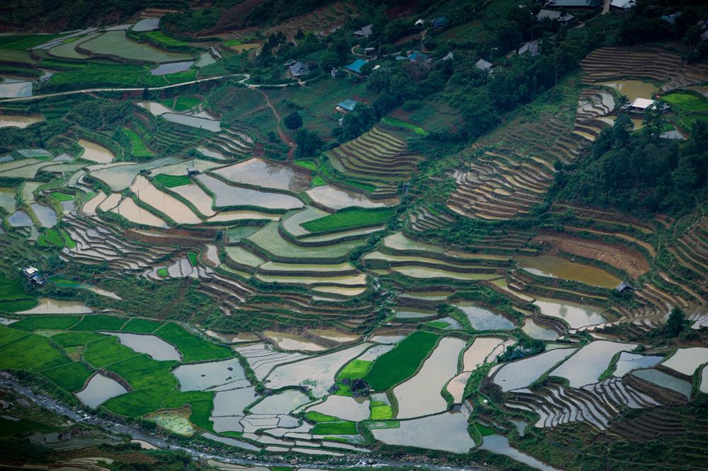 Từ trên cao nhìn xuống, những thửa ruộng bậc thang mùa nước đổ như những tấm gương khổng lồ xếp chồng lên nhau, tạo nên một bức tranh toàn cảnh choáng ngợp.
