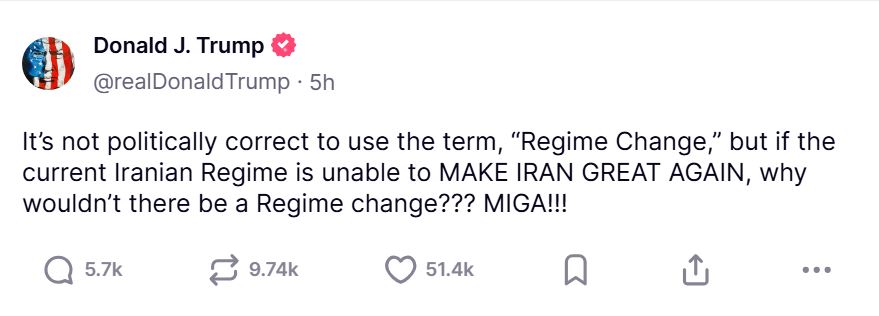 Dong trang thai ong Donald Trump viet tren Truth Social ngay 22.6 ve viec thay doi che do o Iran