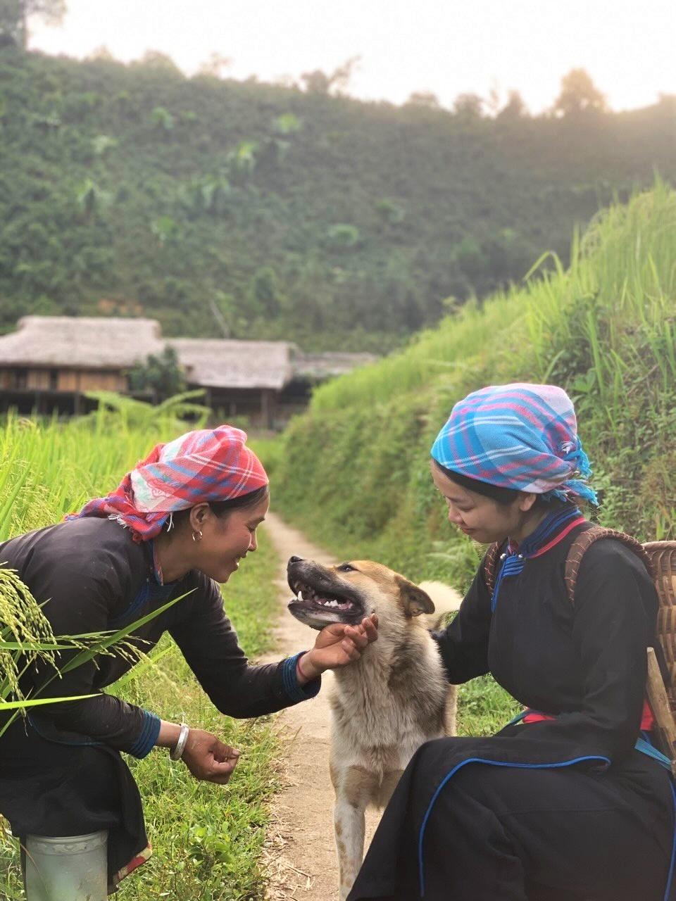 Chi Vang Thi Thong (trai), chu homestay o Ban Lien cung la chu nha trong chuong trinh Gia dinh Haha, cung chu cho Gau than thien don khach. Anh: Do Phuc