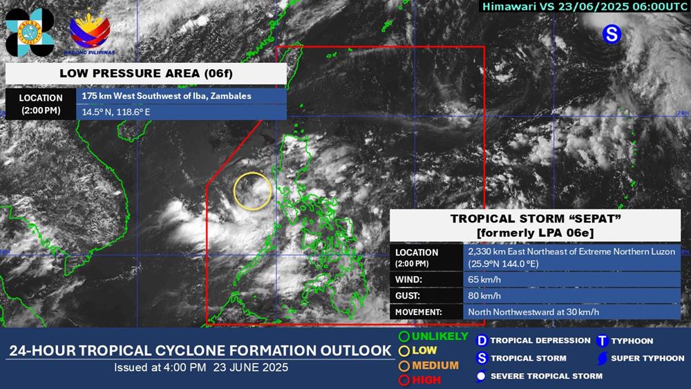 Ap thap moi hinh thanh tren Bien Dong trong khi bao SEPAT tang toc va manh len. Anh: PAGASA
