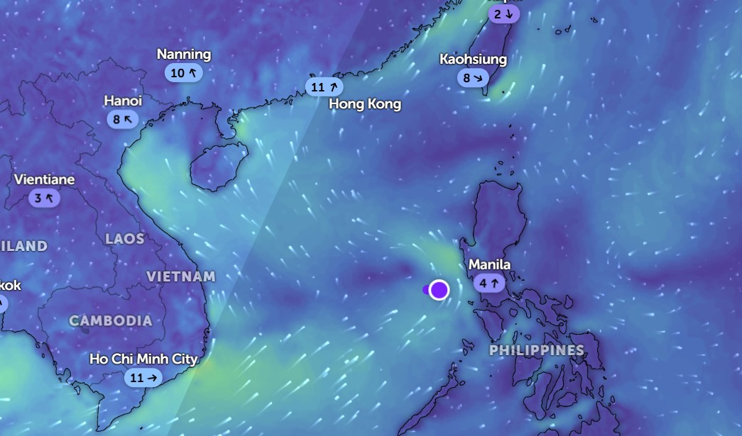 Posicion de baja presion en el Mar del Sur de China. Foto de satelite: ZoomeEarth