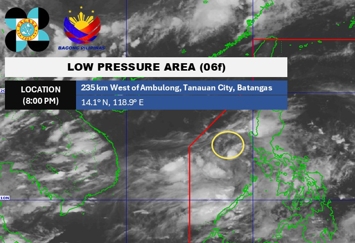 Actualizar la posicion de baja presion en el Mar del Sur de China esta causando una gran lluvia de tormentas electricas. Foto satelital: Pagasa