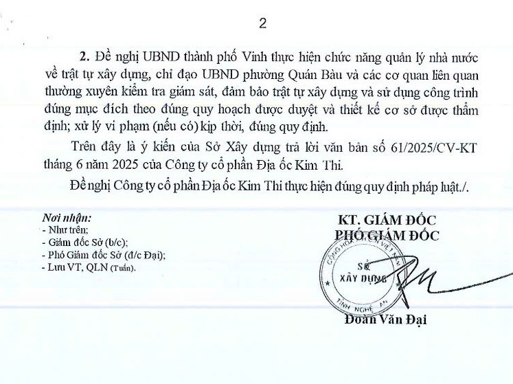 Van ban cua So Xay dung tinh Nghe An khang dinh, hang muc thi cong cua Cong ty CP Dia oc Kim Thi duoc mien giay phep xay dung. Dua tren can cu nay, Cong ty Kim Thi da khieu nai UBND TP Vinh. Anh: Quang Dai