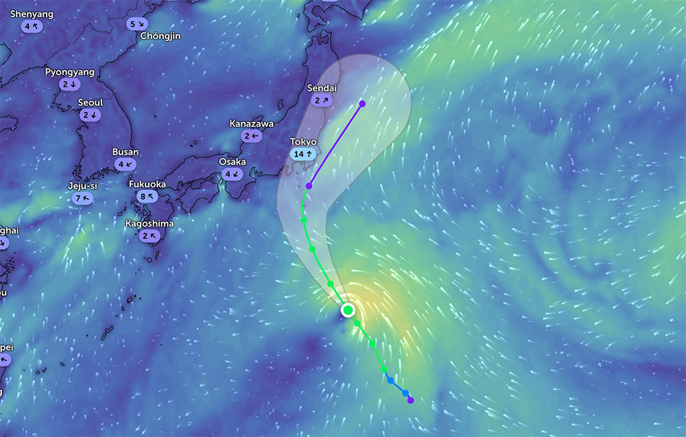 Predecir el movimiento de la tormenta No. 2 Sepat cerca de Japon. Foto: ZoomEarth