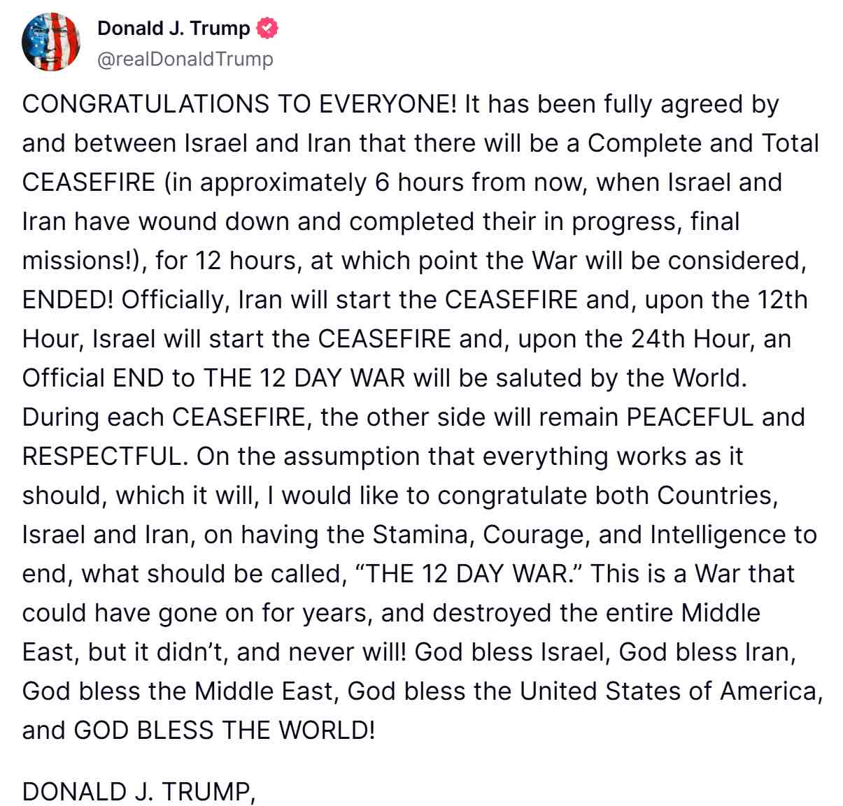 Tuyen bo cua ong Trump tren mang Truth Social ve lenh ngung ban giua Israel va Iran