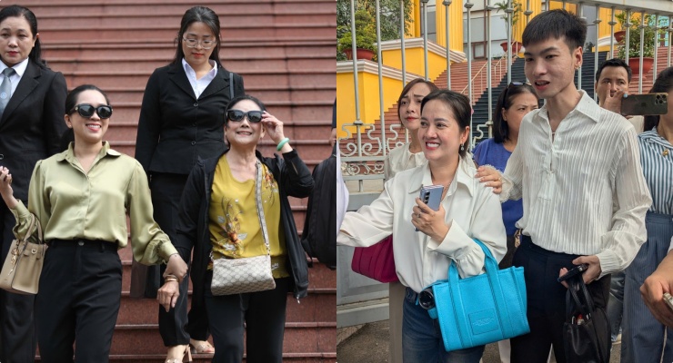 Mẹ con Hồng Nhung và Hồng Loan ra về sau phiên tòa phúc thẩm tranh chấp di sản của nghệ sĩ Vũ Linh bị hoãn. Ảnh: Anh Tú. 