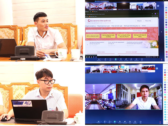 Xã Nậm Sỏ, phường Đoàn Kết thực hiện thao tác trên hệ thống và được kỹ thuật của Văn phòng UBND tỉnh, VNPT Lai Châu hỗ trợ những vướng mắc tại cuộc họp. Ảnh: Cổng thông tin điện tử Lai Châu