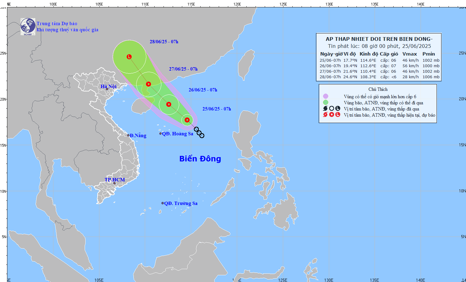 Updated location and path of the tropical depression at 8:00 a.m. on June 25. Photo: National Center for Hydro-Meteorological Forecasting