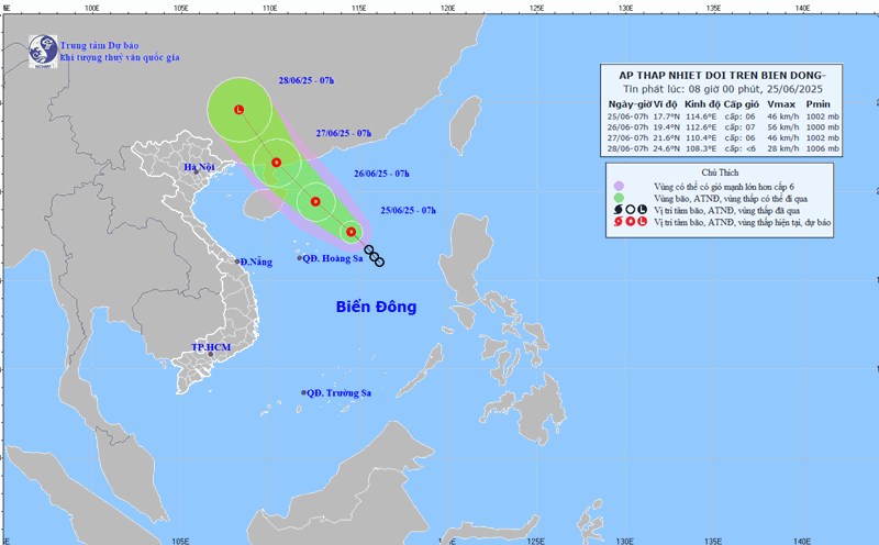 Updated location and path of the tropical depression at 8:00 a.m. on June 25. Photo: National Center for Hydro-Meteorological Forecasting
