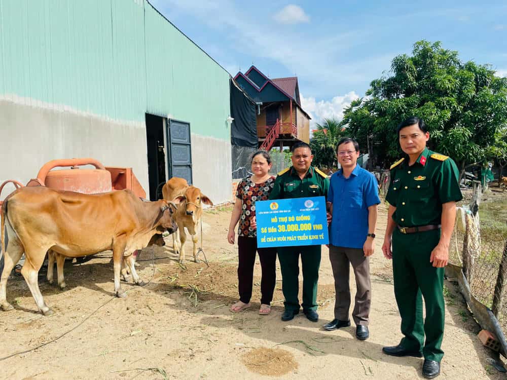 El representante de la Federacion de Trabajo Provincial dono vacas reproductoras a la familia del Sr. Ro Coc. Foto: Thanh Tuan