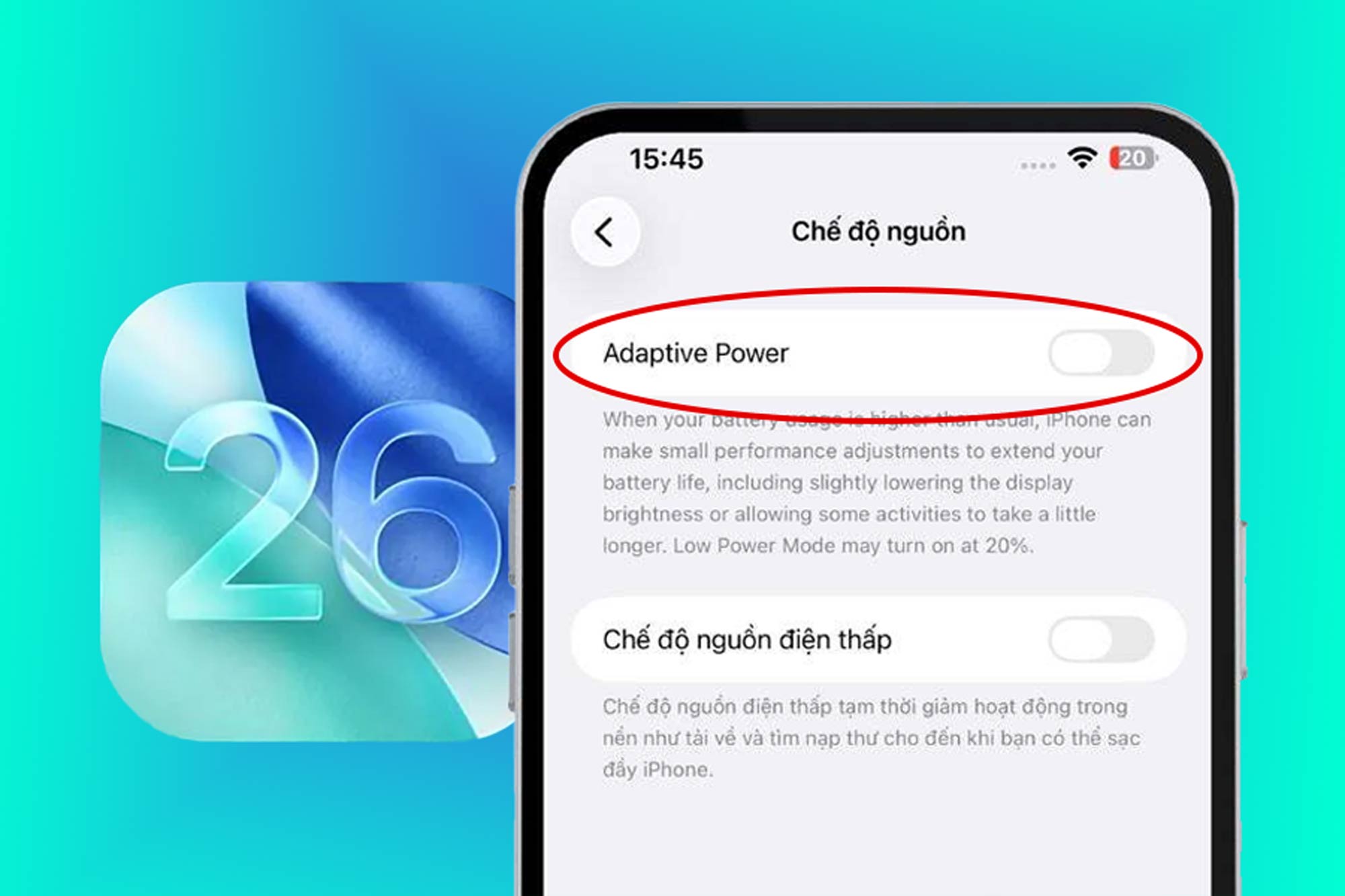 Apple agrega un nuevo modo de ahorro de bateria en iOS 26, pero no para cada iPhone. Grafico: duong anh