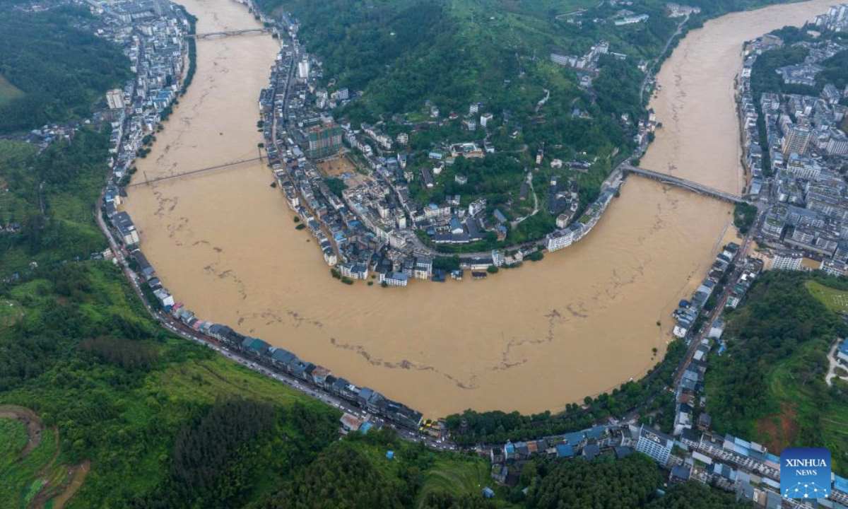 Flooding in Congjiang district, Guizhou province, China on June 24, before the new low pressure is expected to make landfall on June 27. Photo: Xinhua
