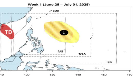 La nueva prediccion de baja presion puede aparecer el 27-28.6.2025. Foto: Pagasa