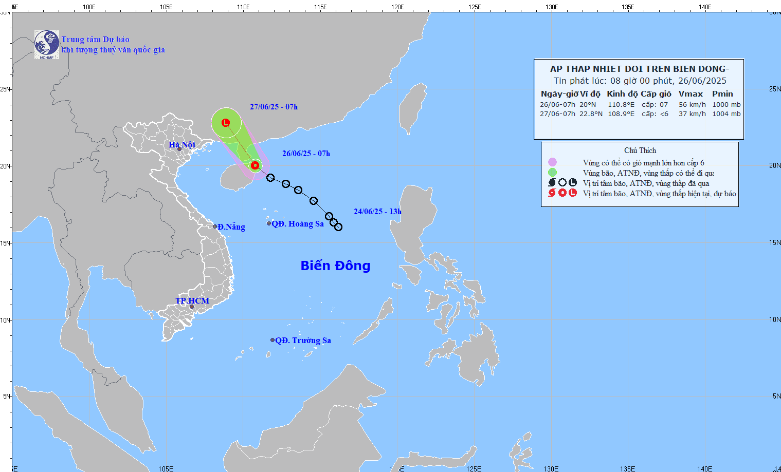 Actualizar la ubicacion y el camino de la depresion tropical a las 8 en punto el 26 de junio. Foto: Centro de pronostico hidrometeorologico nacional
