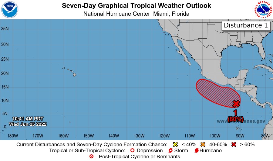 Posicion de baja presion 95E a las 10:41 horas PDT en 25.6 (0H41 con fecha 26.6 horas en Vietnam). Foto: NHC/NOAA