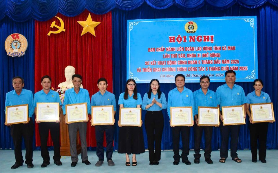 Pho Chu tich Thuong truc LDLD tinh Ca Mau Luu Thi Truc Ly trao Bang khen cho cac don vi. Anh: Thieu Vu