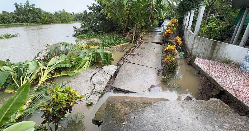 La superficie de la carretera esta agrietada, deslizandose en el rio Cai Ngang. 
De Bao continuo retirandose profundamente, amenazando a muchos hogares a lo largo del rio. Foto: Hoang loc