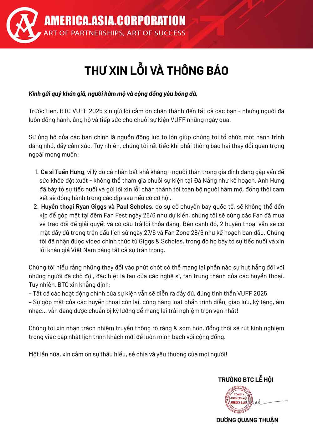 Thong bao xin loi tu ban to chuc su kien. Anh: BTC