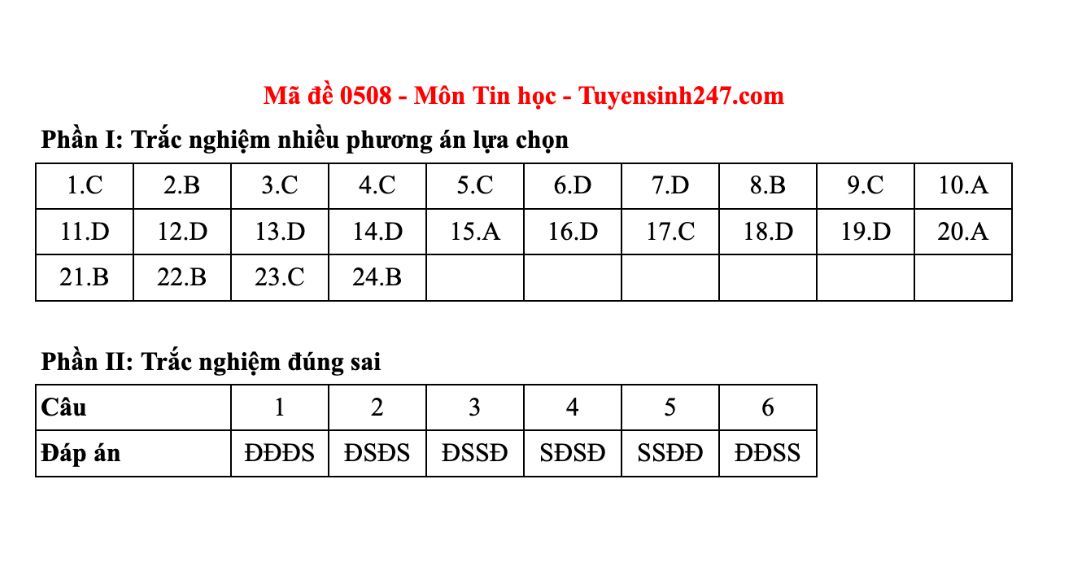 Dap an tham khao mon Tin hoc tot nghiep THPT nam 2025 - ma de 0508. Anh: Tuyensinh247 