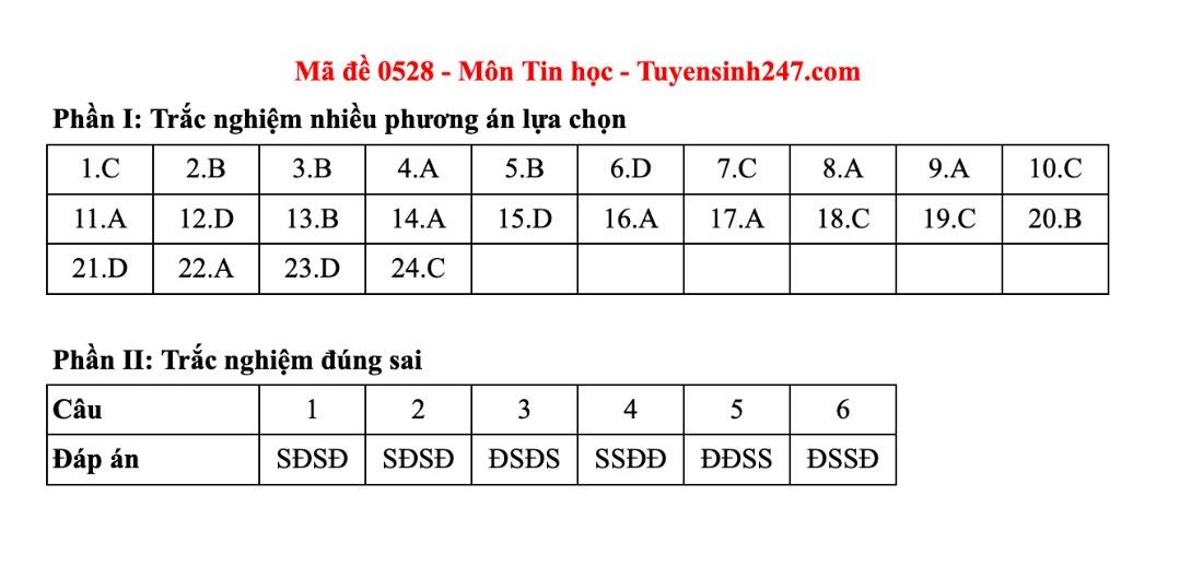 Dap an tham khao mon Tin hoc tot nghiep THPT nam 2025 - ma de 0528. Anh: Tuyensinh247 