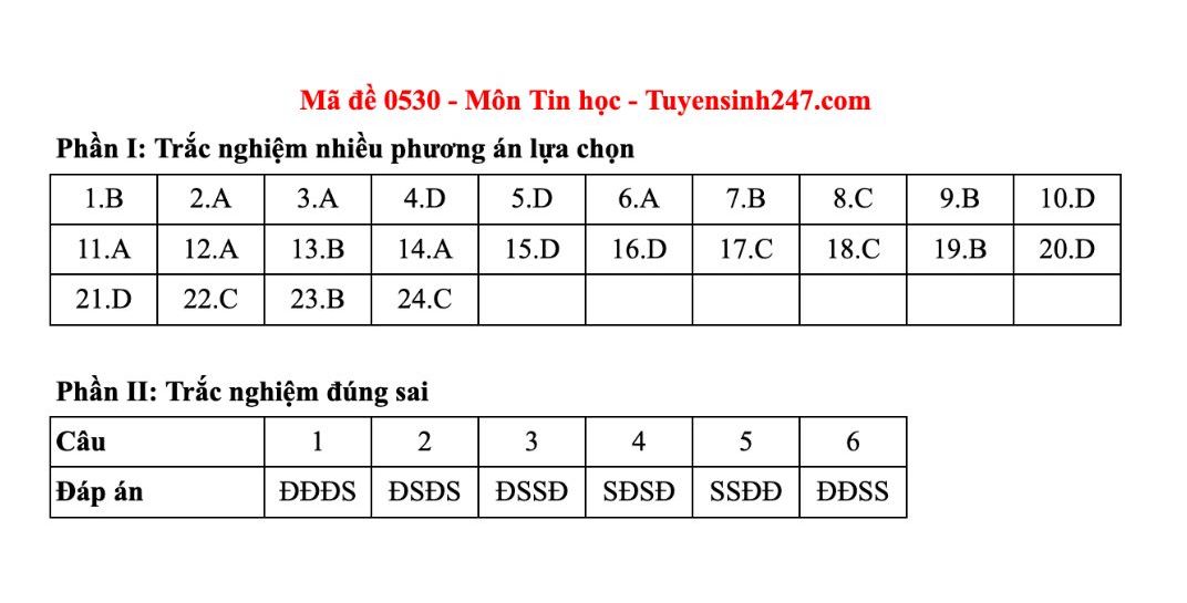 Dap an tham khao mon Tin hoc tot nghiep THPT nam 2025 - ma de 0530. Anh: Tuyensinh247 
