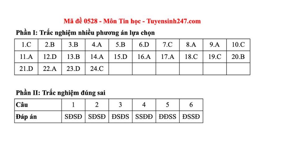Dap an tham khao mon Tin hoc tot nghiep THPT nam 2025 - ma de 0528. Anh: Tuyensinh247