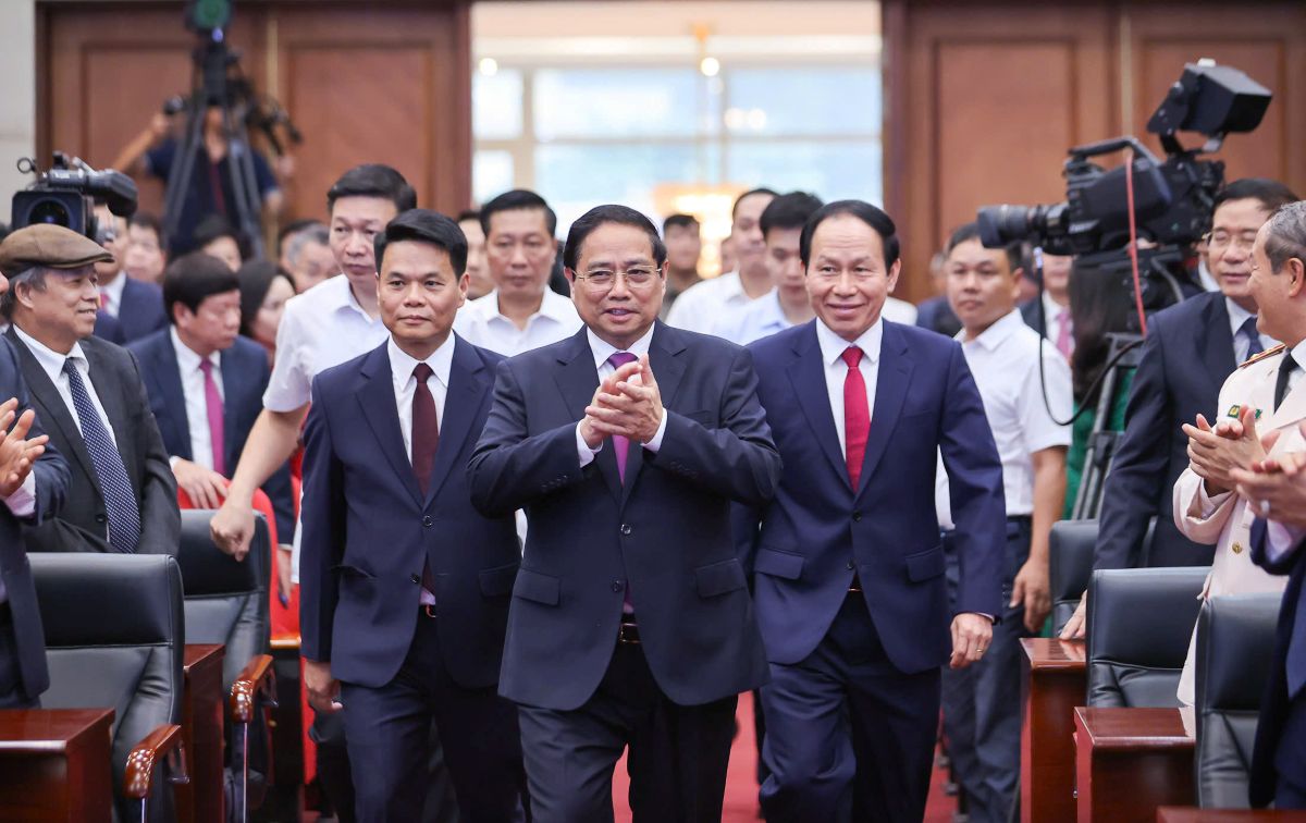 Thu tuong Chinh phu Pham Minh Chinh du le cong bo thanh lap TP Hai Phong moi. Ảnh: Doan Bac- Cong thong tin dien tu Chinh phu
