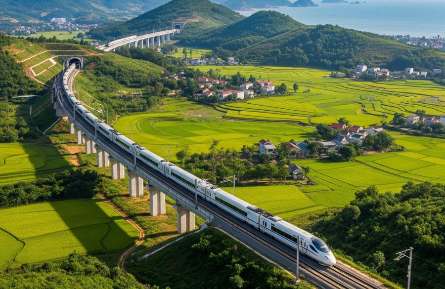 ビンディン省を通過する南北高速鉄道プロジェクトのグラフィック。写真:AI