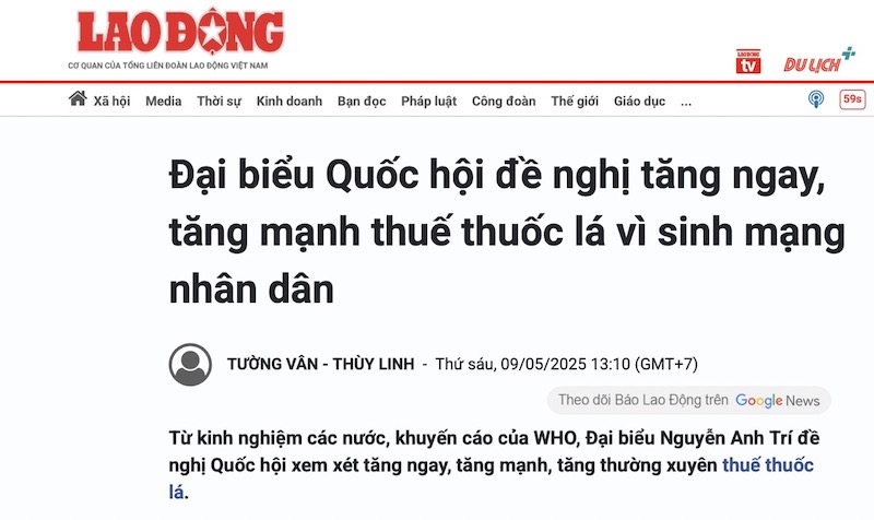 An article expressing the opinions of National Assembly deputies on the issue of increasing tobacco taxes was published in Lao Dong Newspaper. Photo: Duc Van
