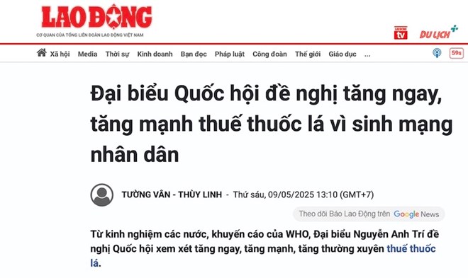 Báo Lao Động là một trong những cơ quan báo chí tuyên truyền mạnh mẽ tác hại của thuốc lá
