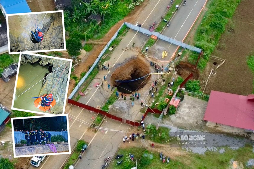 The moment we swung a rope into the death hole to find a missing person in Bac Kan. Photo: Nguyen Hoan.